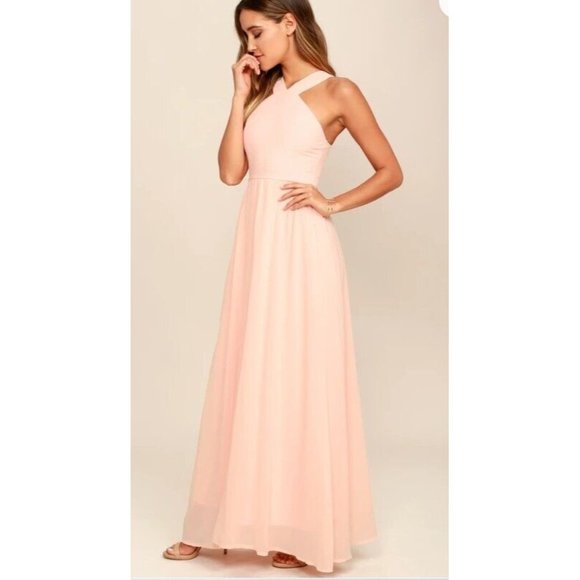 Lulu's Dress Medium Peach Maxi Halter Neckline Seamed Bodice Wedding Formal - Picture 1 of 11